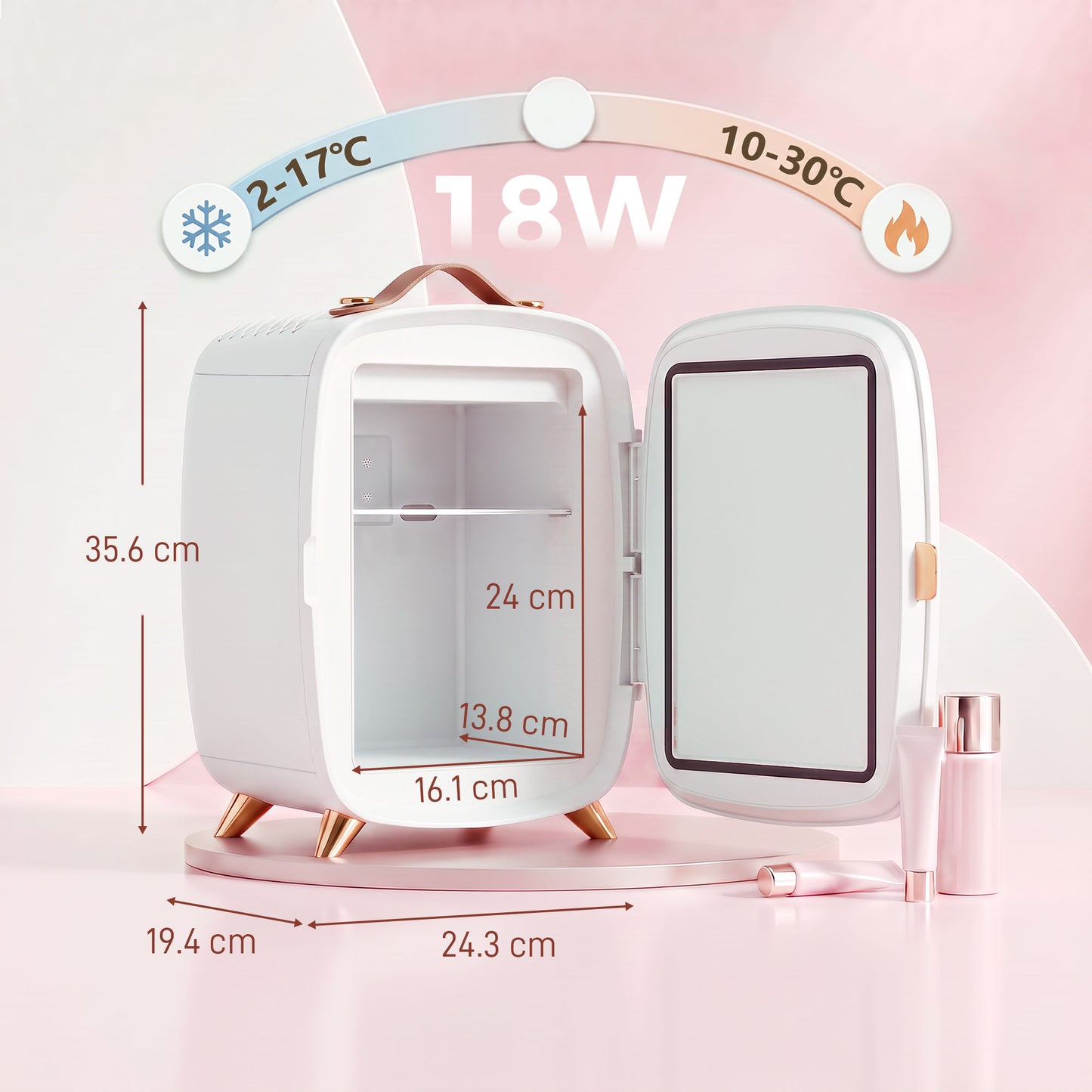 HOMCOM Skincare Refrigerator, 6L Mini Cosmetic Fridge with LED Mirror, Cooling Function for Bedroom, Skincare, Office, White