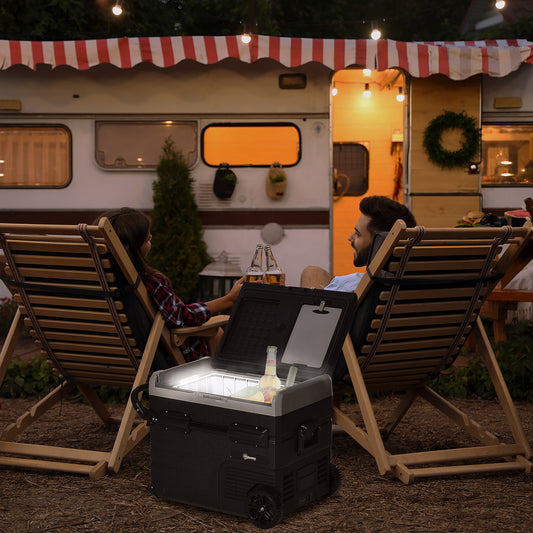 Outsunny 50L Car Refrigerator, Portable Compressor Cooler Box, Fridge Freezer w/ Inner LED Light, Foldable Handles, Cup Holders, 12/24V DC and 110-240V AC for Campervan RV Boat Travel Down to -20â„ƒ