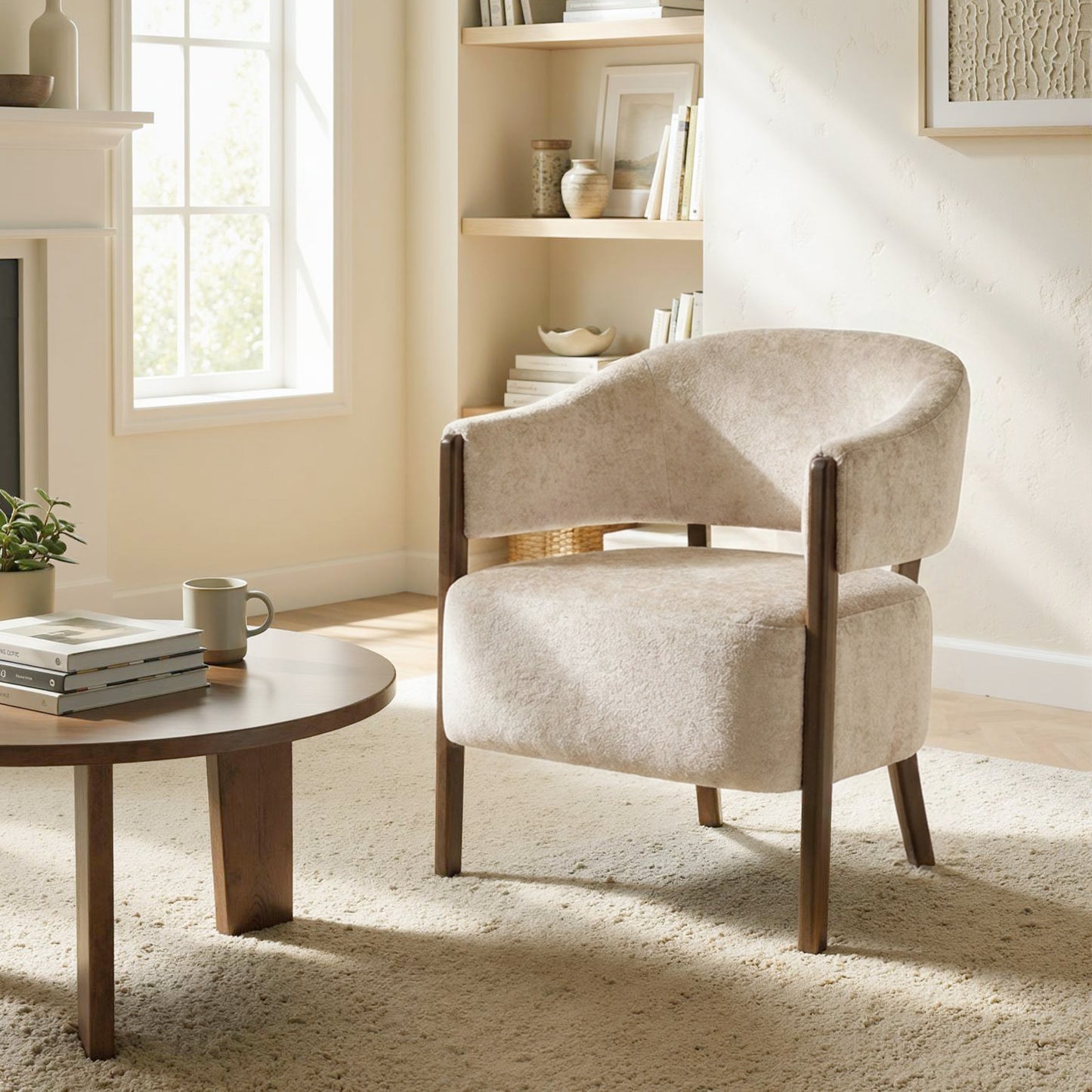 HOMCOM Accent Chair, Chenille Upholstered Tub Chair with Wide Seat, Solid Wood Frame and Legs, Comfy Armchair, Beige