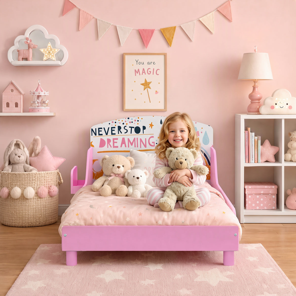 AIYAPLAY Toddler Bed with Bedside Storage and Guard Rails for 3-8, Fits 140 x 70 x 10cm Mattress, Pink Girl Print