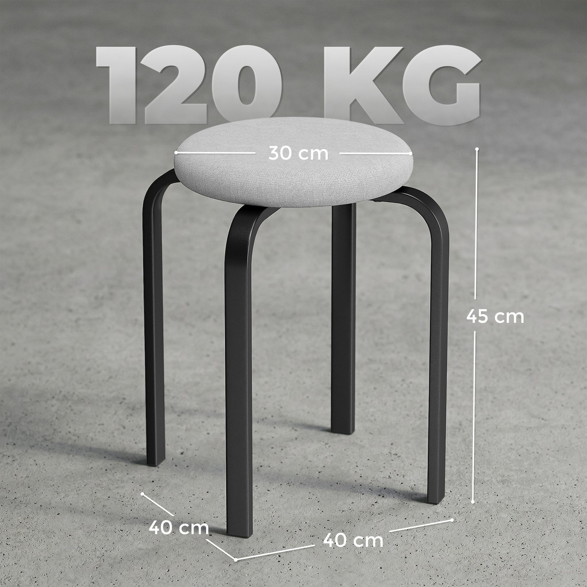 HOMCOM Stackable Stools Modern Cushioned Round Backless Stools Set of 4 Kitchen Dining Room Grey