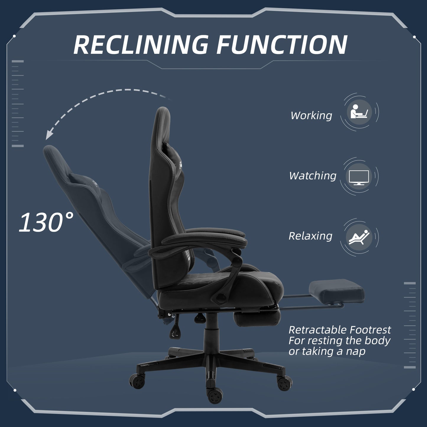 Vinsetto Computer Gaming Chair with Footrest, Video Gaming Chair for Adults with 130Â° Reclining Back, Desk Chair with Lumbar Support and Adjustable Height, Black