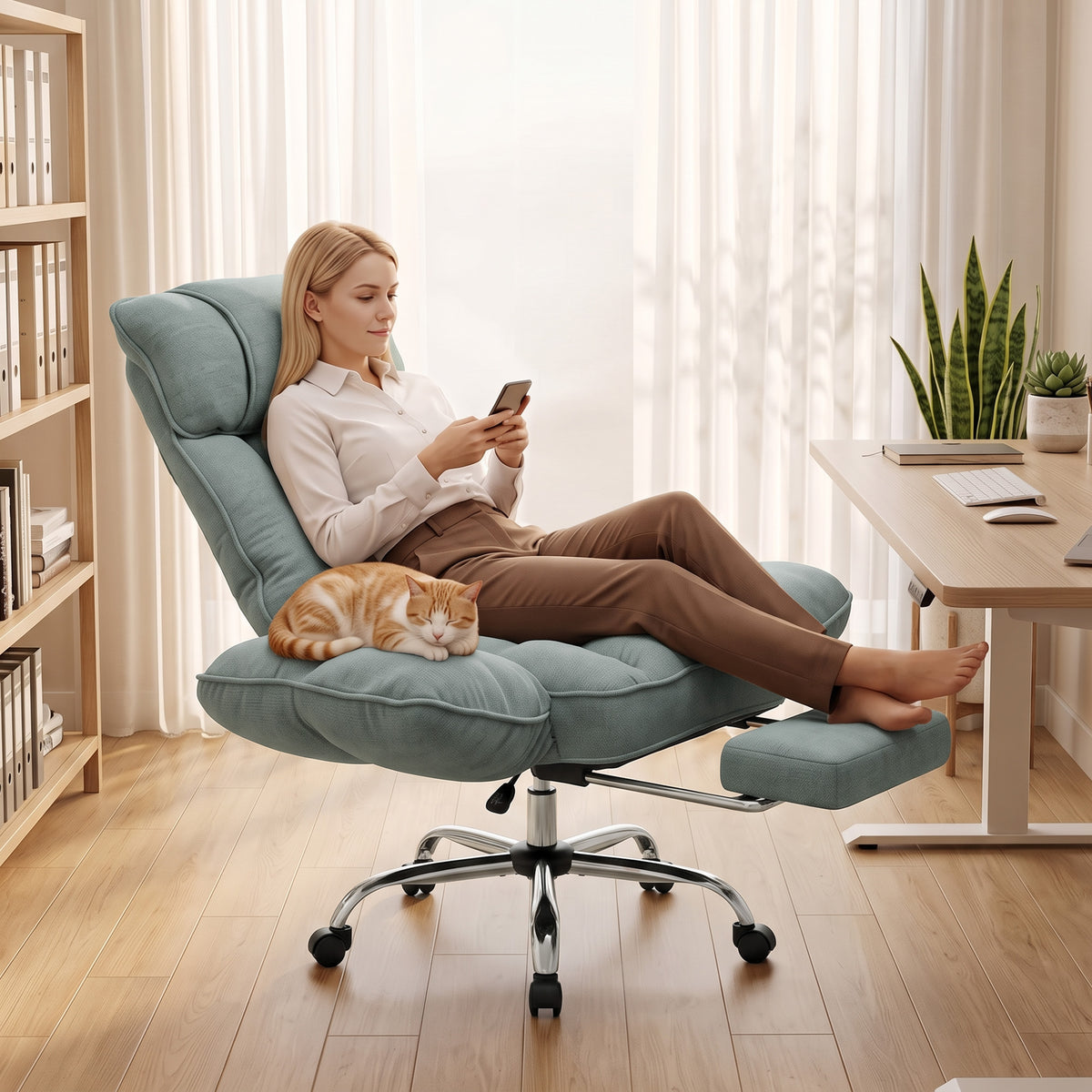 HOMCOM Executive Office Chair Height Adjustable Desk Chair Reclining Flip-up Armrest Footrest, Light Green