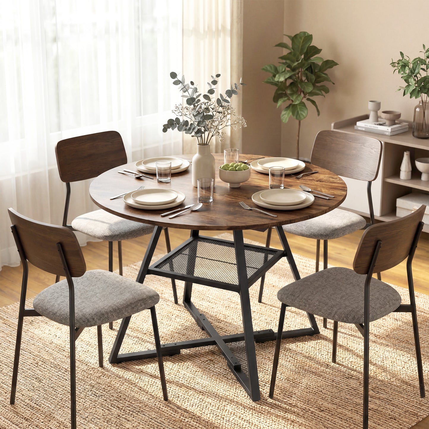 HOMCOM Dining Table for 4 People, 100 cm Round Industrial Kitchen Table with Storage Shelf, Rustic Brown