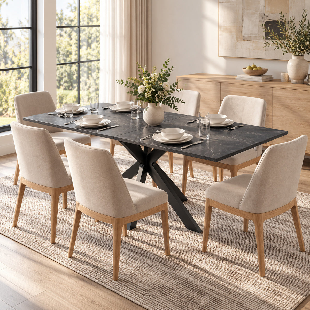 HOMCOM Extendable Dining Table Steel Cross Legs Steel Rails Space Saving Black