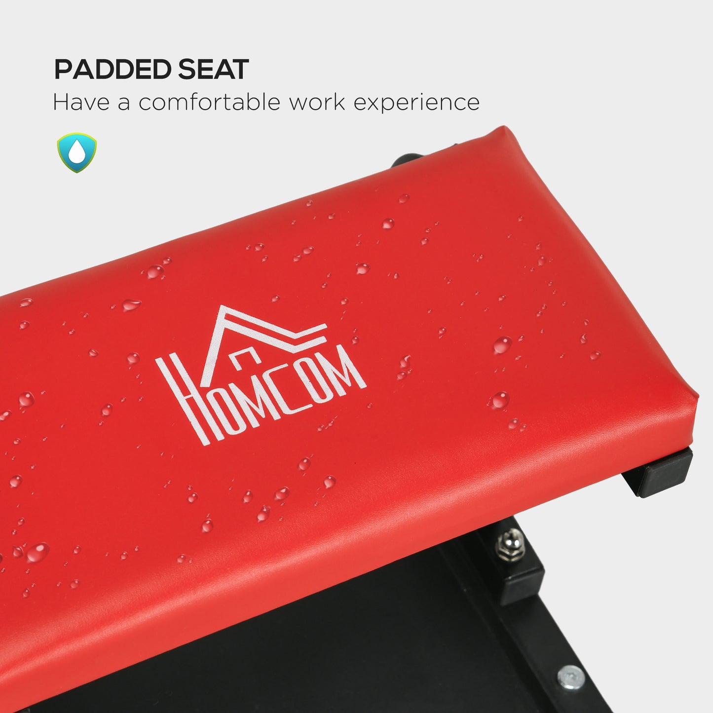HOMCOM Workshop Stool, Rolling Machine Stool with 360Â° Swivel, Padded Seat, Tool Tray, Red