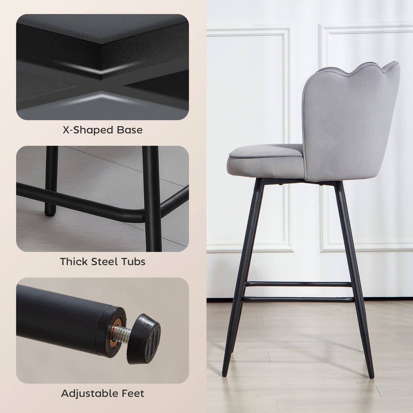 HOMCOM Set of Two Velvet-Feel Lotus Bar Stools - Grey