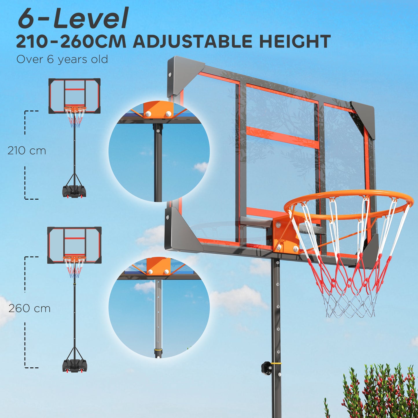 AIYAPLAY Basketball Hoop Outdoor Indoor, 210-260cm Height Adjustable Basketball Hoop with Wheels, Larger Base, for 6+ Years, Red