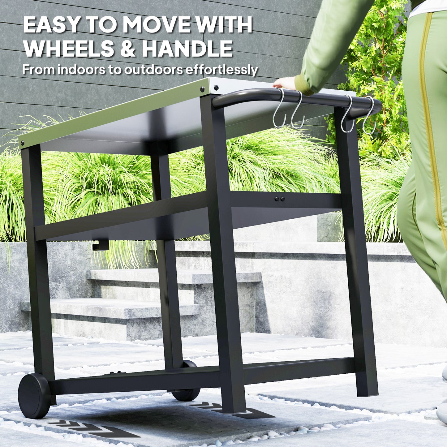 Outsunny Outdoor Grill Dining Cart 3-Shelf Movable Pizza Oven Table Stand with Stainless Steel Top, Portable BBQ Trolley Food Prep Outdoor Kitchen Barbecue Station with Hooks Wheels, Charcoal Grey