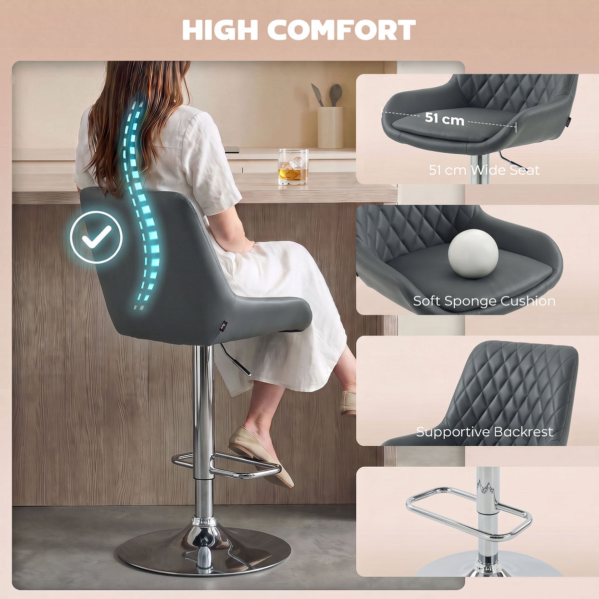 HOMCOM Grey Bar Stools Set of 2, Upholstered Retro Bar and Kitchen Chairs with Back, Swivel Seat, PU, Dark Grey