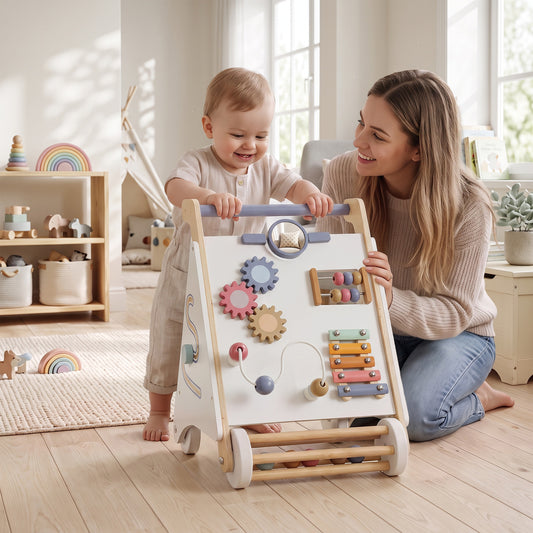 AIYAPLAY Wooden Baby Walker, Montessori Push Along Toy with 5 Blocks and Xylophone Mallet, Adjustable Speed for Toddlers 1.5-3Y