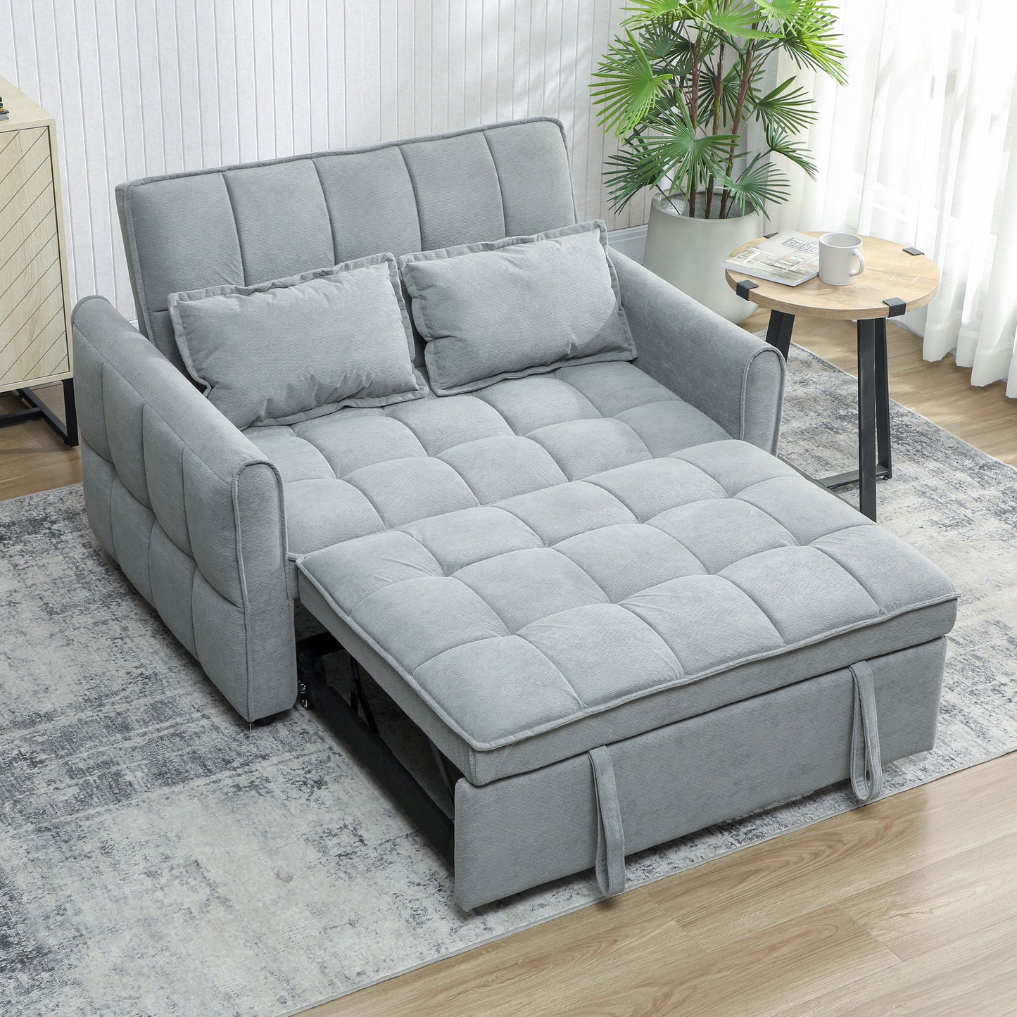 HOMCOM 2 Seater Sofa Bed, 3-in-1 Convertible Sleeper Sofa with Click-clack Adjustable Backrest and 2 Pillows, Grey