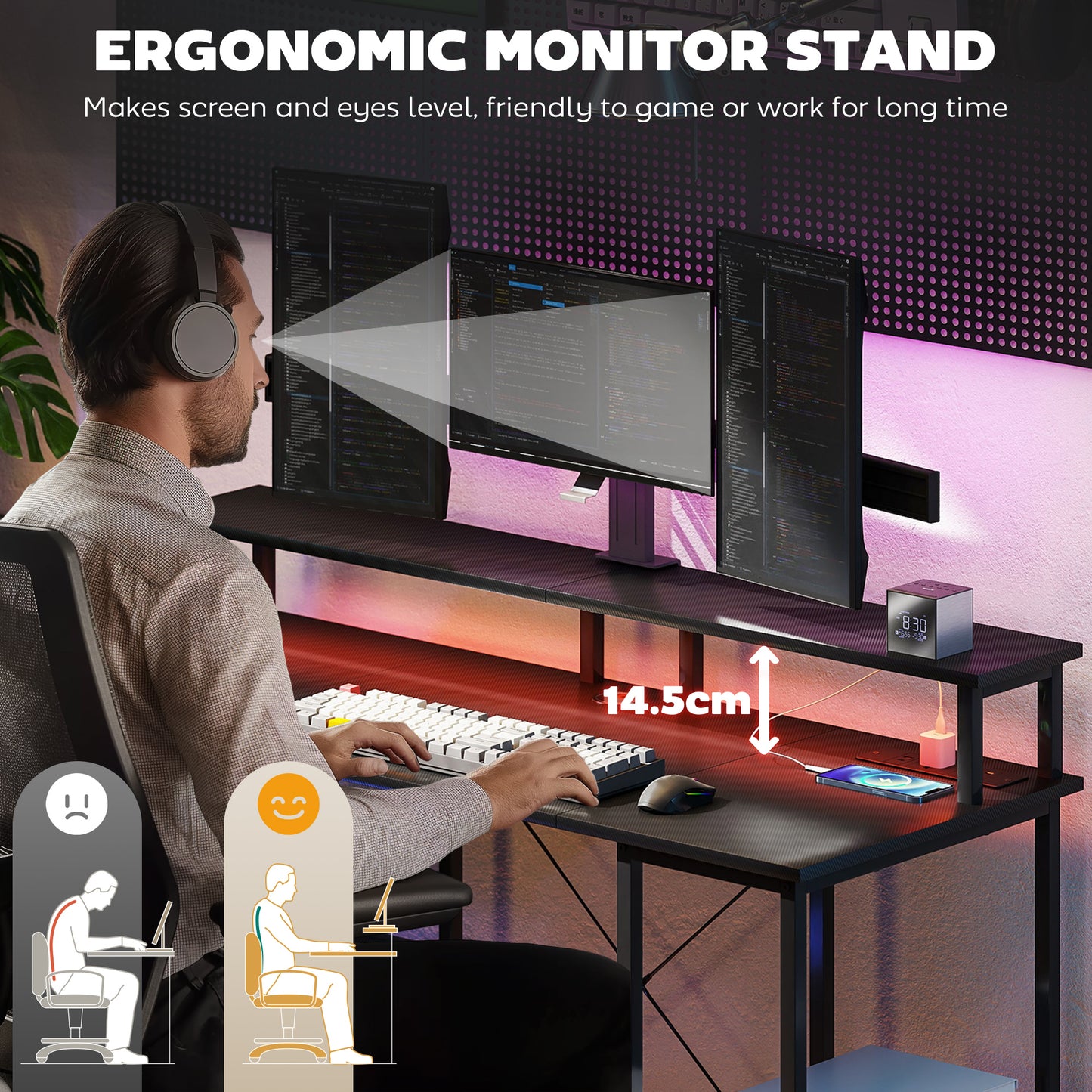 HOMCOM LED Computer Desk, with Power Outlets and Shelves - Carbon Fibre Grey