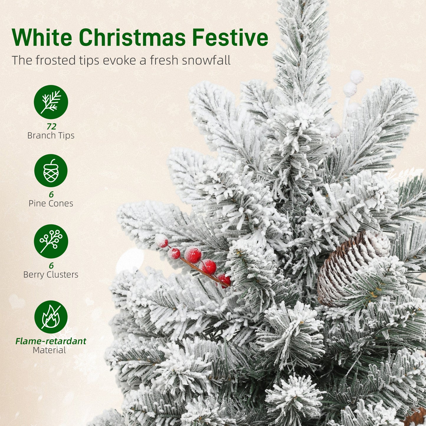 HOMCOM 60 cm Prelit Small Christmas Tree with 35 LED Lights, Snow Flocked Tabletop Mini Xmas Tree with 72 Dense Branches, Pine Cones, Berry Clusters and Linen Cover Base, Battery Operated, Green