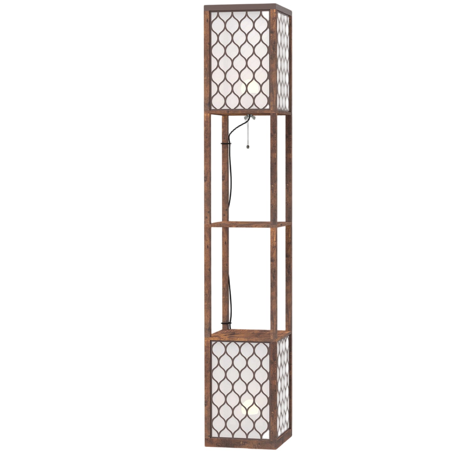 HOMCOM Floor Lamp with Shelves, Modern Tall Standing Lamp with Fabric Lampshades, Zipper Switch and Dual Light, Rustic Brown
