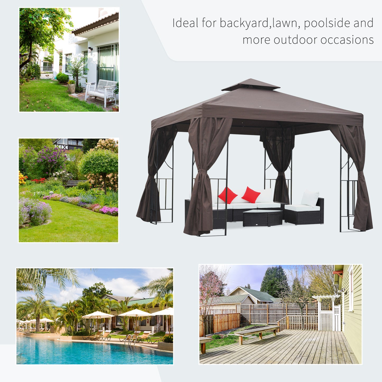 Outsunny 3 x 3 m Garden Gazebo DoubleÂ Roof Marquee Patio Wedding Party Tent Canopy Shelter with Sidewalls (Brown)