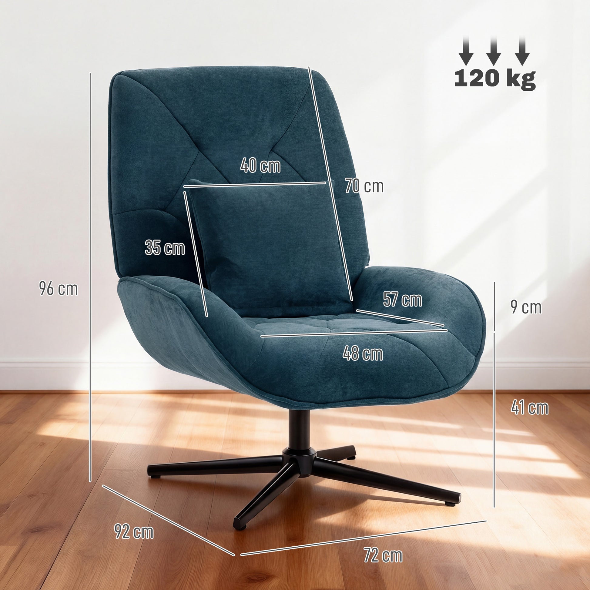 HOMCOM Accent Chair, Chenille Upholstered Swivel Armchair with Lumbar Pillow, High Back, Deep Seat and Metal Legs, Dark Green