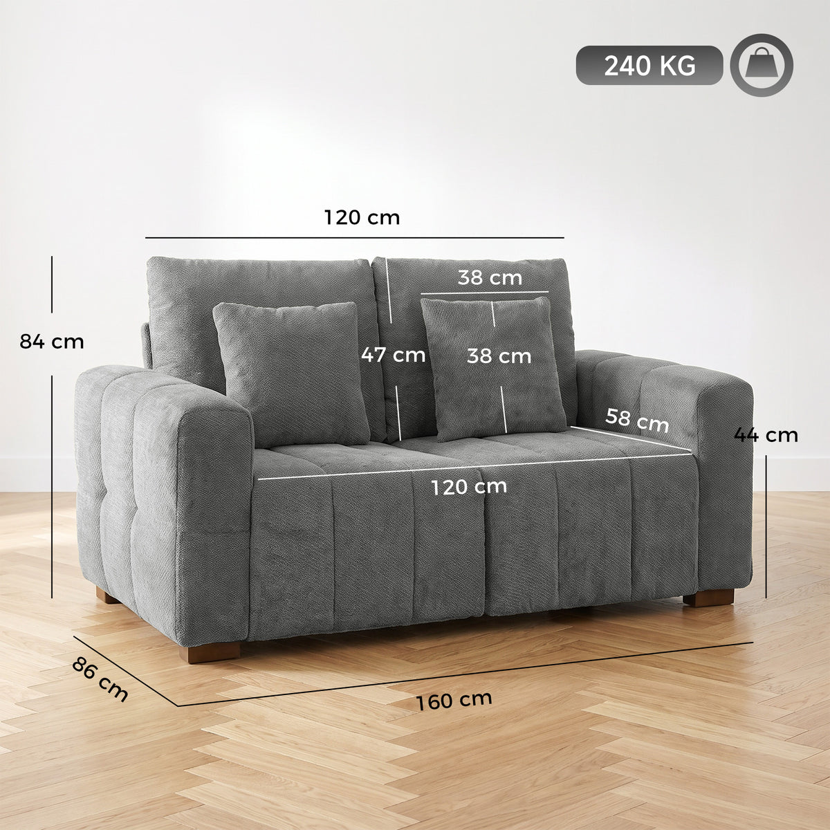 HOMCOM 2 Seater Sofa, Upholstered Velvet Small Couch for Bedroom with Pillows, Padded Cushion and Wood Legs, Grey