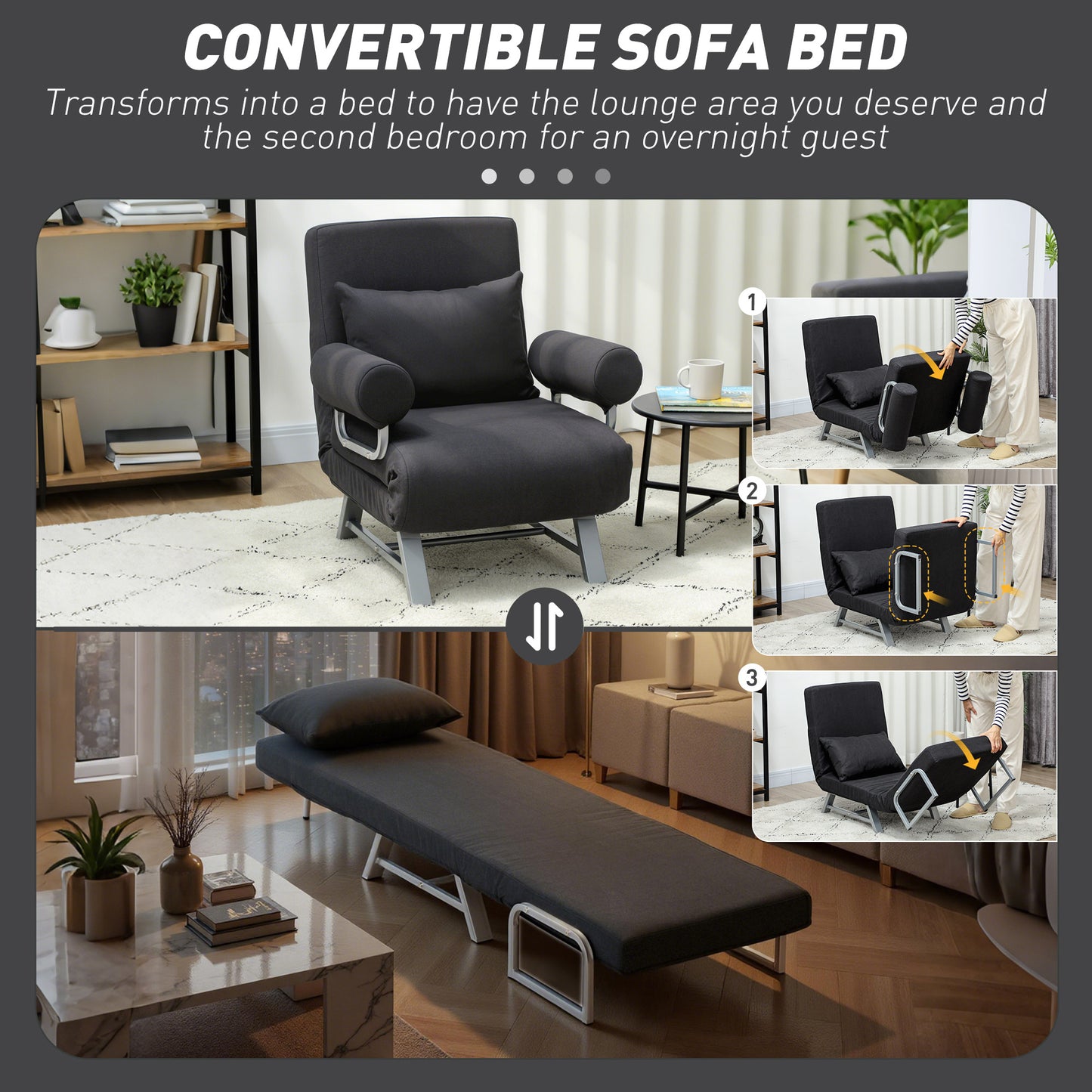 HOMCOM Single Sofa Bed, 3-in-1 Convertible Folding Chair Bed with Adjustable Backrest, Removable Armrests, Black