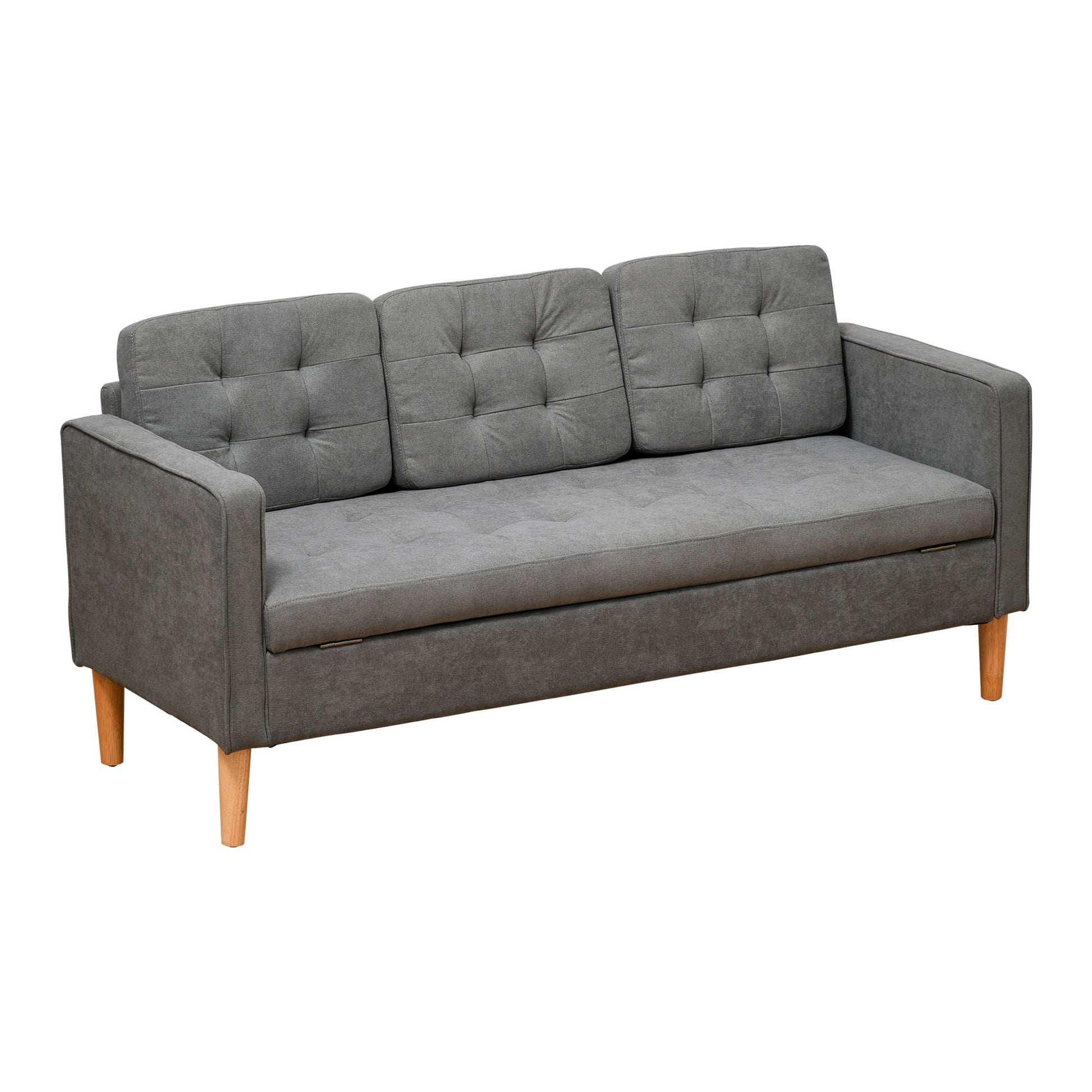 HOMCOM 3 Seater Storage Sofa, Fabric Couch with Hidden Under Seat Storage, Thick Cushions, Compact Space Saving Settee with Rubberwood Legs for Living Room, Apartment, Grey