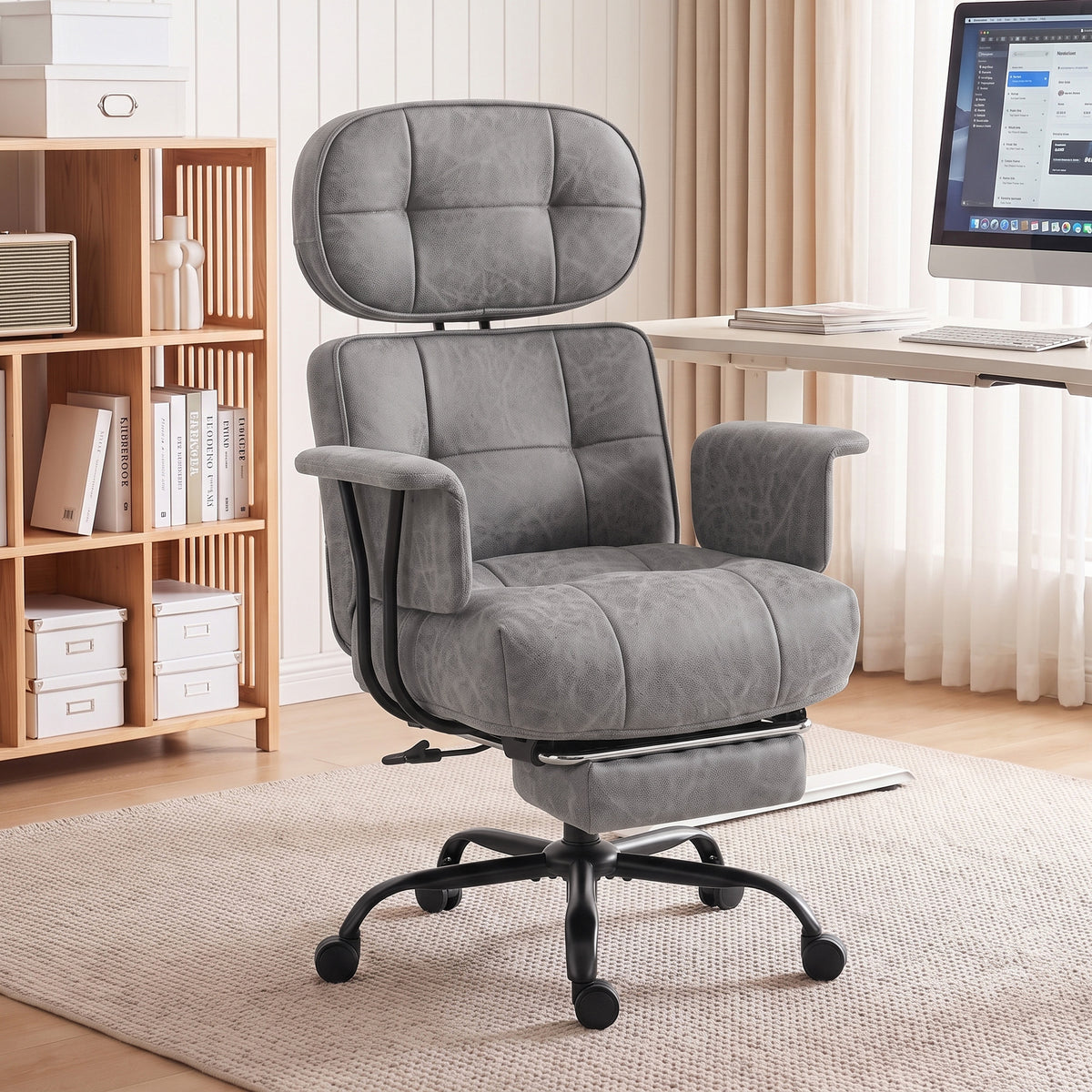HOMCOM Office Chair, Big and Tall Desk Chair with Footrest, Wide Seat, Leathaire, Reclining Back, Swivel Wheels, Grey