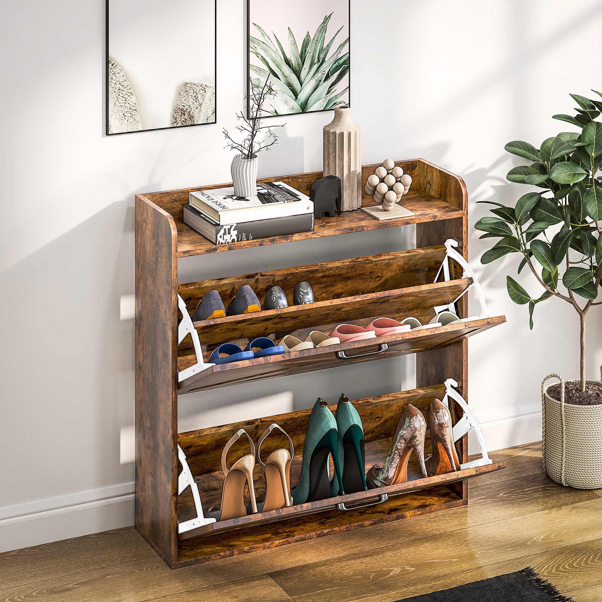 HOMCOM Two Flip Drawer Narrow Shoe Cabinet with Adjustable Shelves - Rustic Brown - LiamsBargains.co.uk