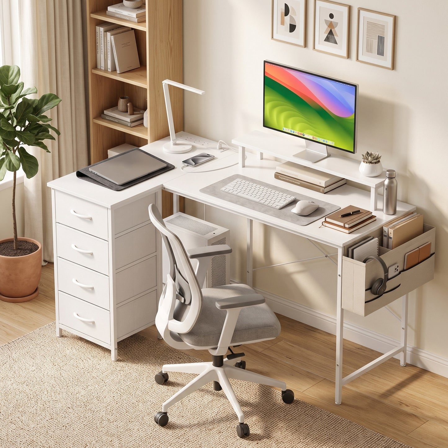 HOMCOM L Shaped Gaming Desk Reversible Power Outlets Corner Desk Storage Drawers Monitor Shelf 150 cm White