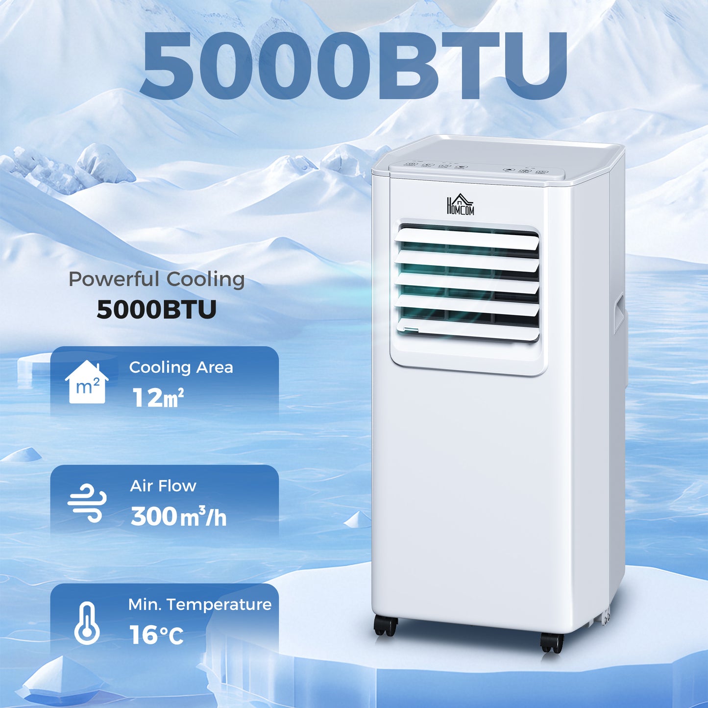 HOMCOM 5000 BTU Portable Air Conditioner, 4-in-1 Air Conditioning Unit, Dehumidifier, Cooling, Fan, Sleep Mode, with Remote Control, 2 Speeds, 24H Timer, Window Venting Kit, 12mÂ²