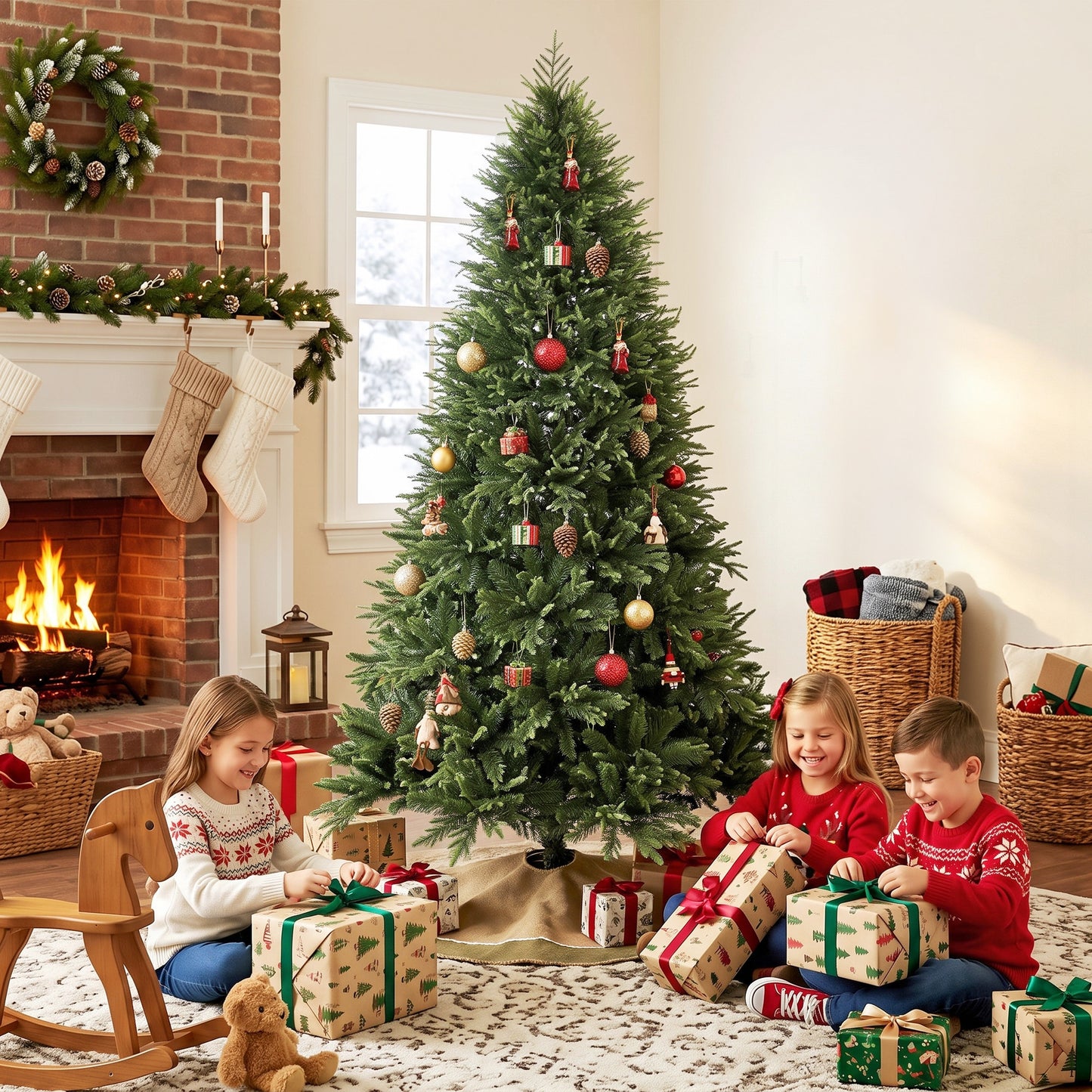 HOMCOM 7ft Artificial Christmas Tree, Hinged Xmas Tree with Realistic 1071 PE & PVC Branch Tips, Fir Wood Base, Green