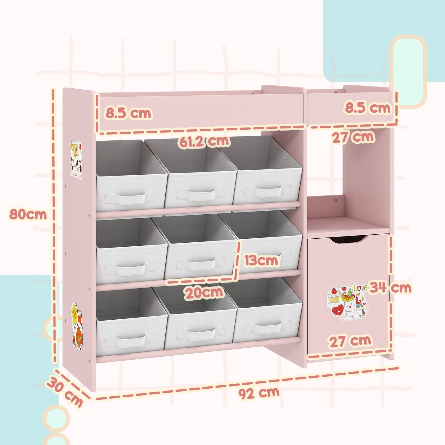 AIYAPLAY Kids Toy Storage, 9 Removable Fabric Bins, Wooden Toy Storage Units for Toys and Books for Bedroom, Nursery, Pink