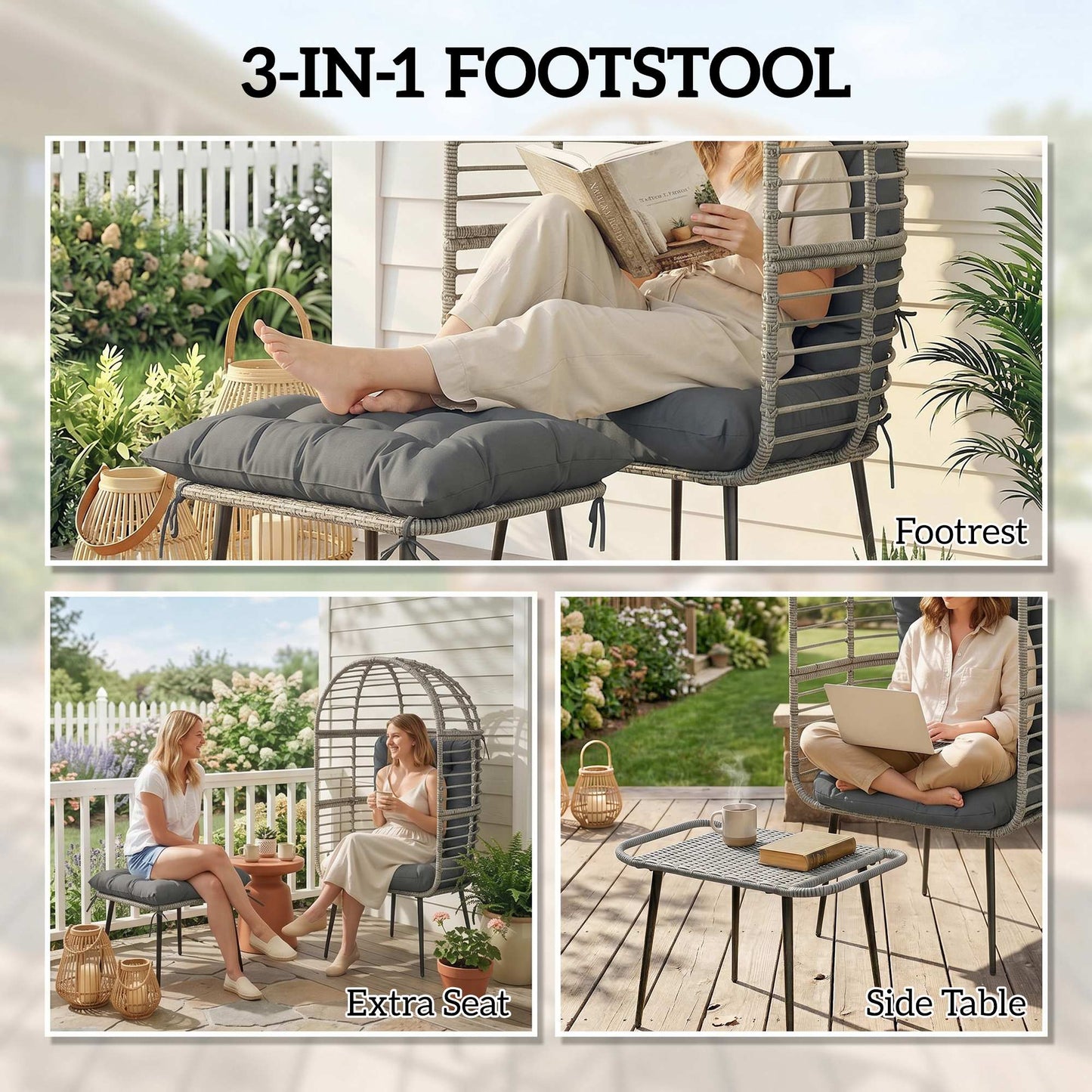 Outsunny Garden Egg Chair with Footstool, Rattan Indoor Outdoor Lounge Chair and Ottoman Set with Thick Cushions, Light Grey