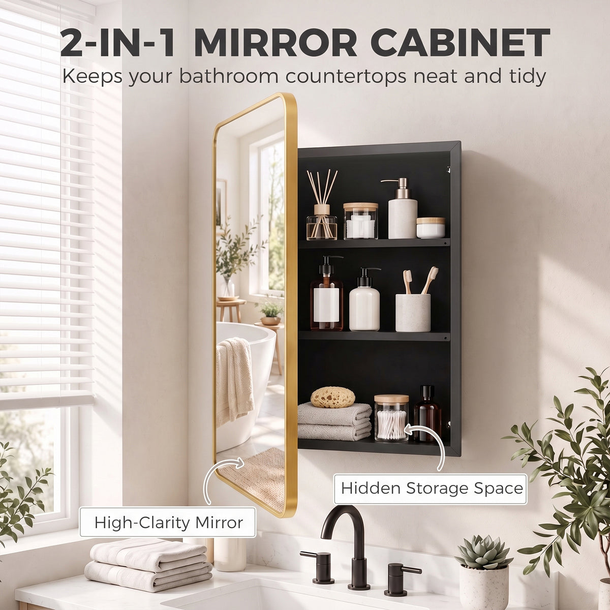 HOMCOM 50.8 x 11.6 x 71 cm Bathroom Mirror Cabinet, Wall Cabinet with Adjustable Shelves, Wall-Mounted or Recessed, Gold Tone