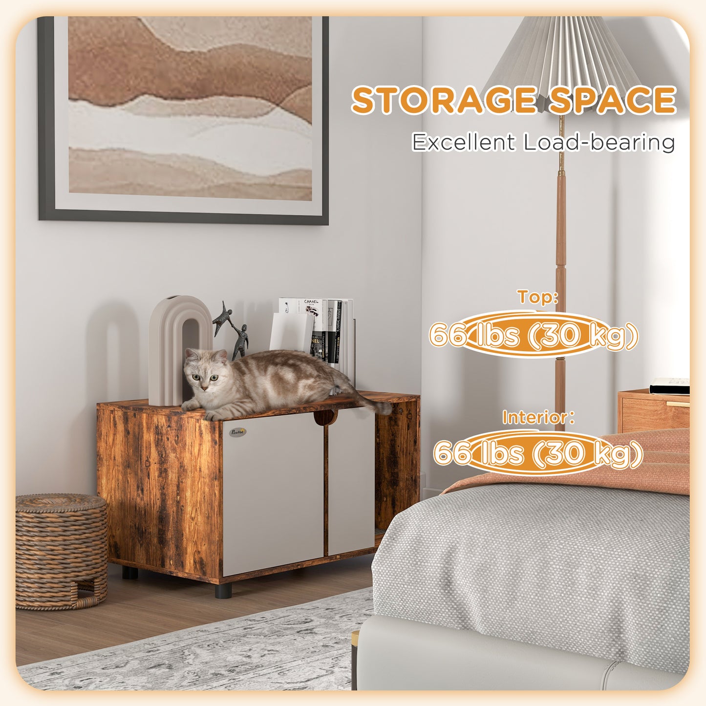  this cat litter box enclosure can handle up to 30kg on top and inside.</li><li>Two vents and elevated legs: Allows air to circulate through and underneath the litter box enclosure