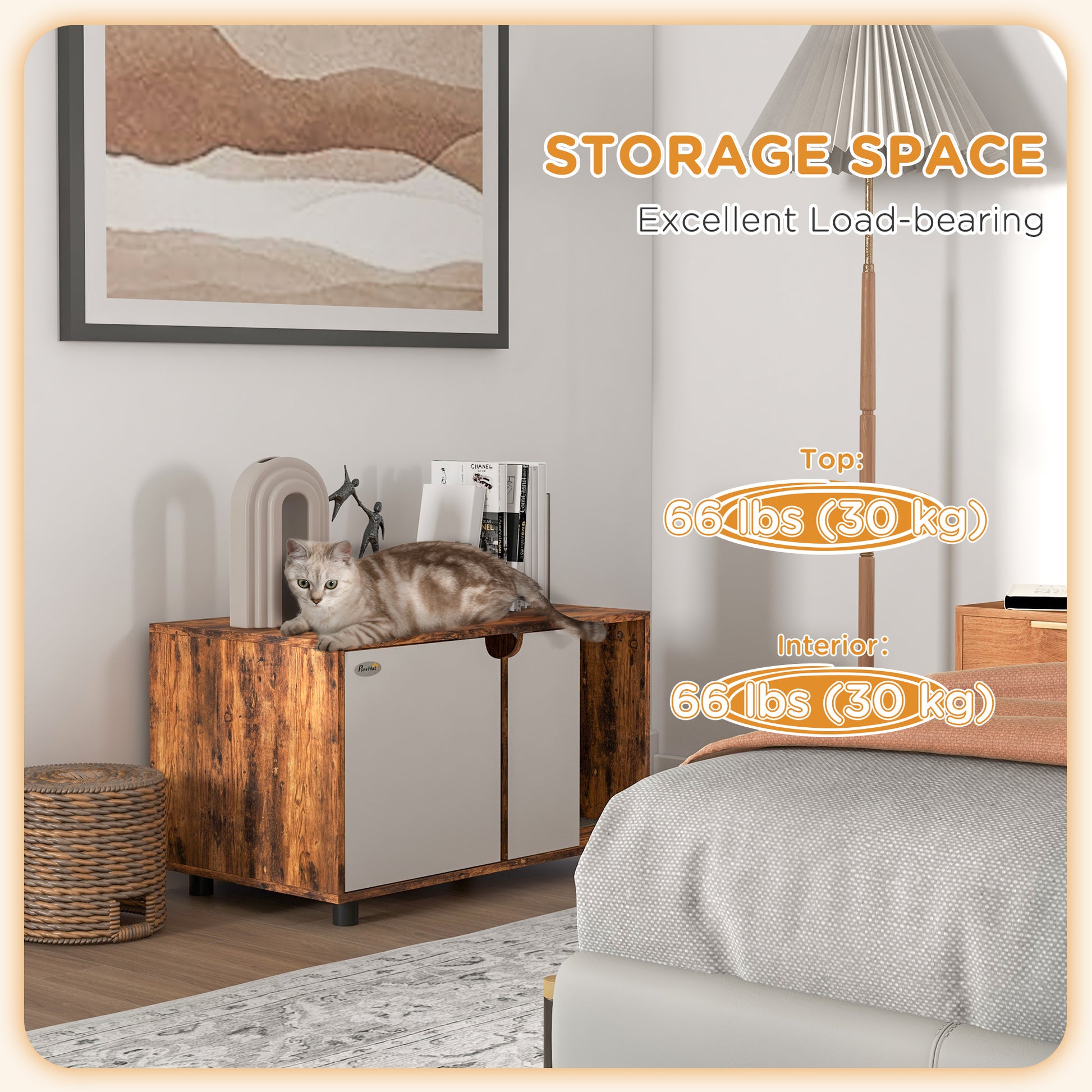  this cat litter box enclosure can handle up to 30kg on top and inside.</li><li>Two vents and elevated legs: Allows air to circulate through and underneath the litter box enclosure