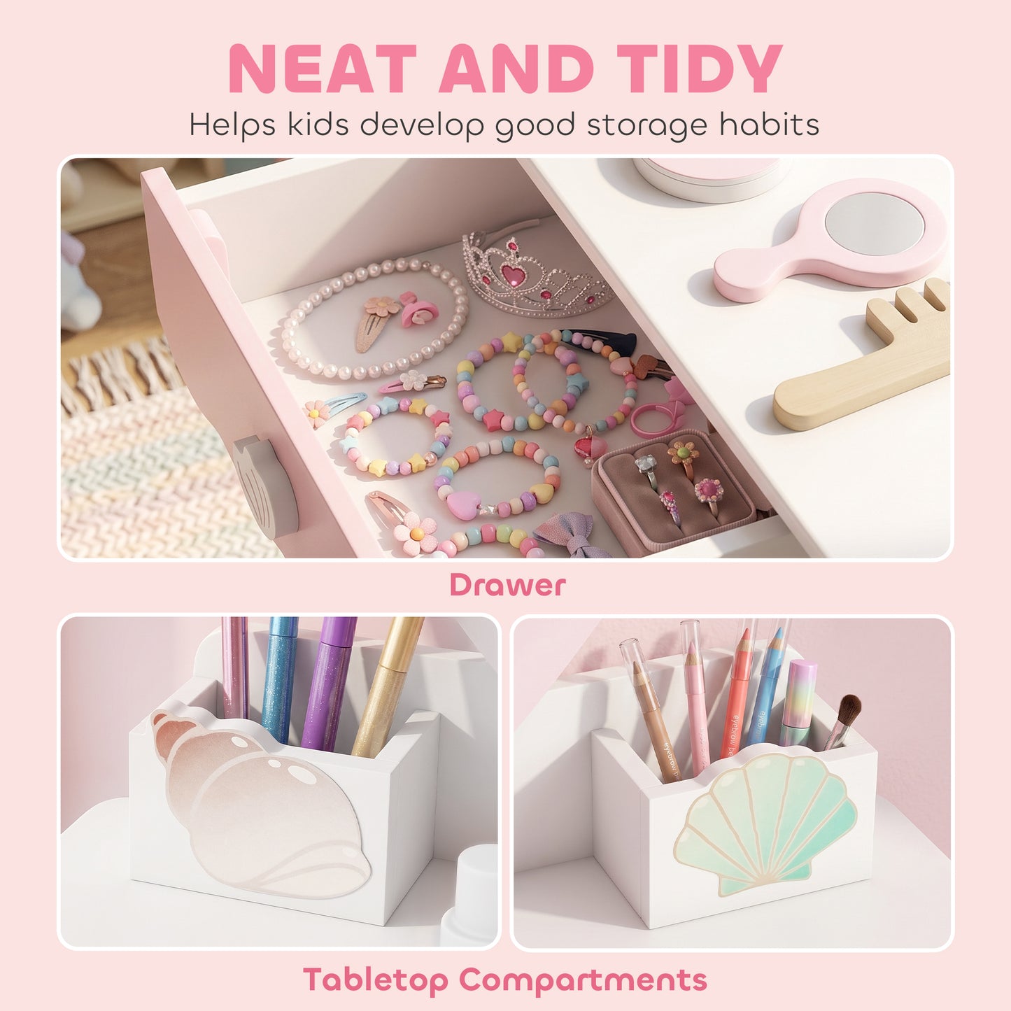 AIYAPLAY Kids Vanity Set, Kids Dressing Table with Chair, Acrylic Mirror, Lighted Bulbs, 7-Piece Accessories, for 3-8 Years, Pink