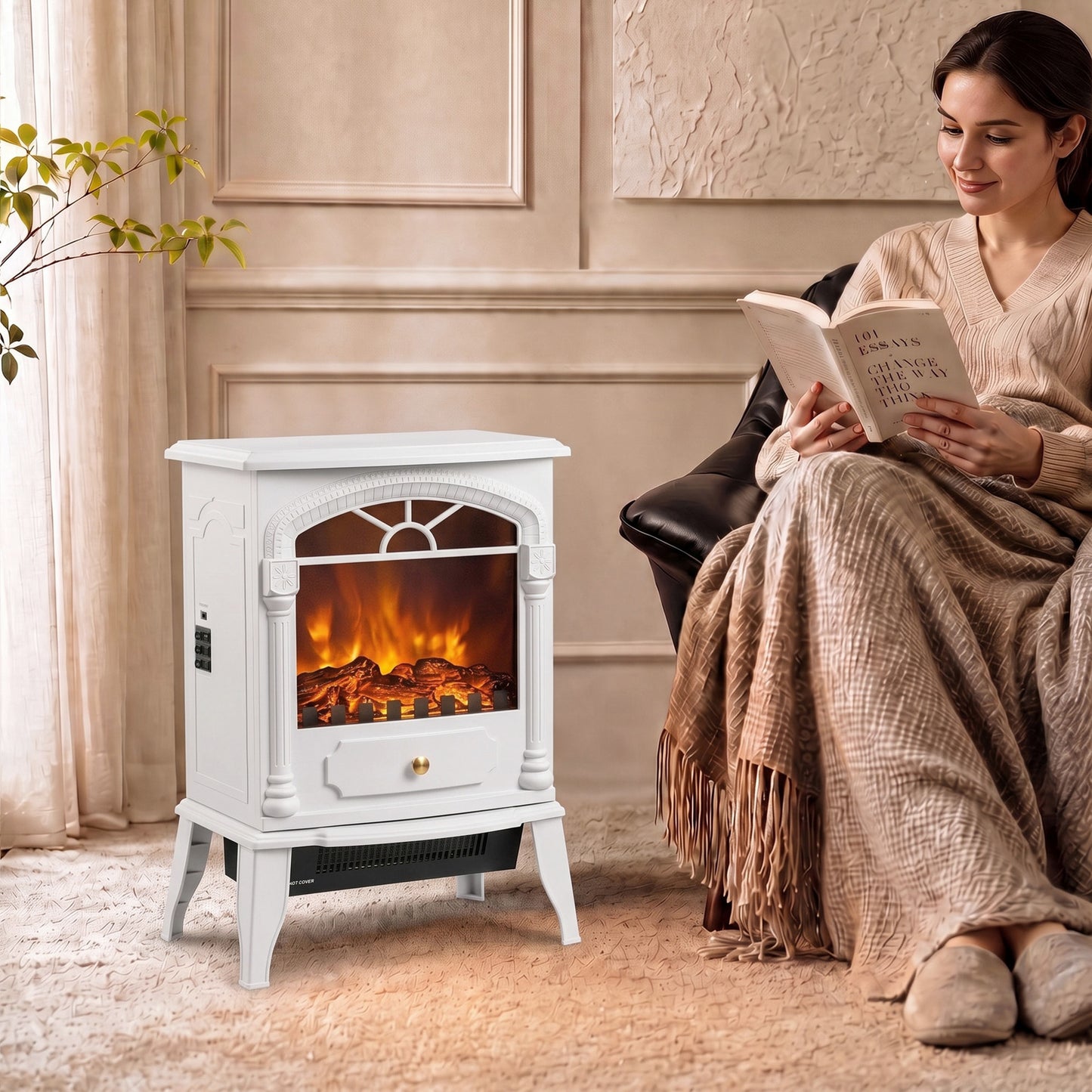 HOMCOM Freestanding Portable Fireplace, Electric Fireplace Stove Heater with 3D Flame Effect and Adjustable Thermostat, White