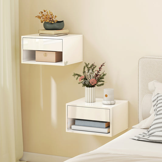 HOMCOM Set of Two Floating Bedside Tables, Wall Mounted Nightstand with Drawer and Open Shelf, High Gloss White