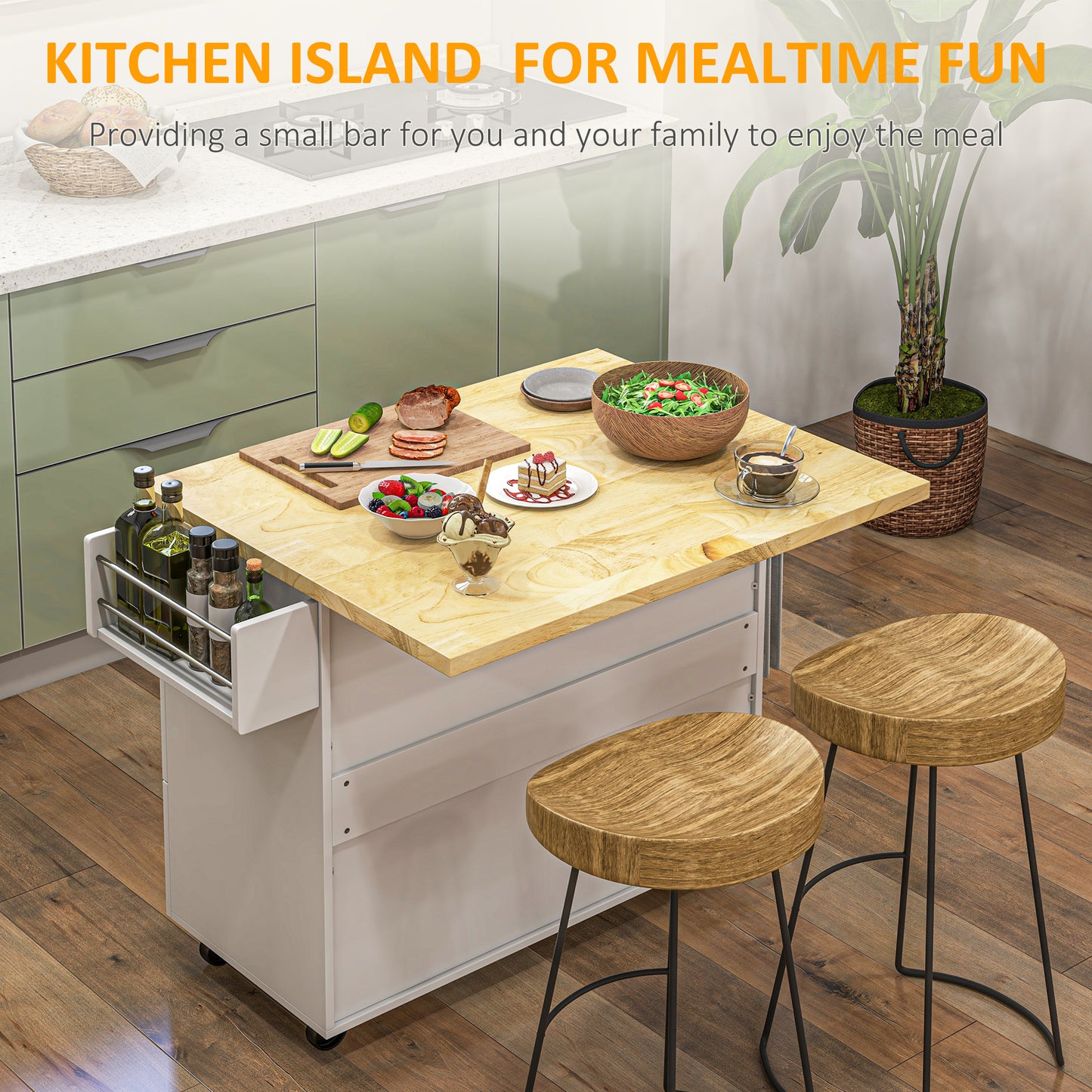 HOMCOM Drop-Leaf Kitchen Island on Wheels with Extendable Rubber Wood Worktop, Rolling Kitchen Storage Trolley, Utility Storage Cart with Drawers & Cabinet for Kitchen, Dining & Living Room, White