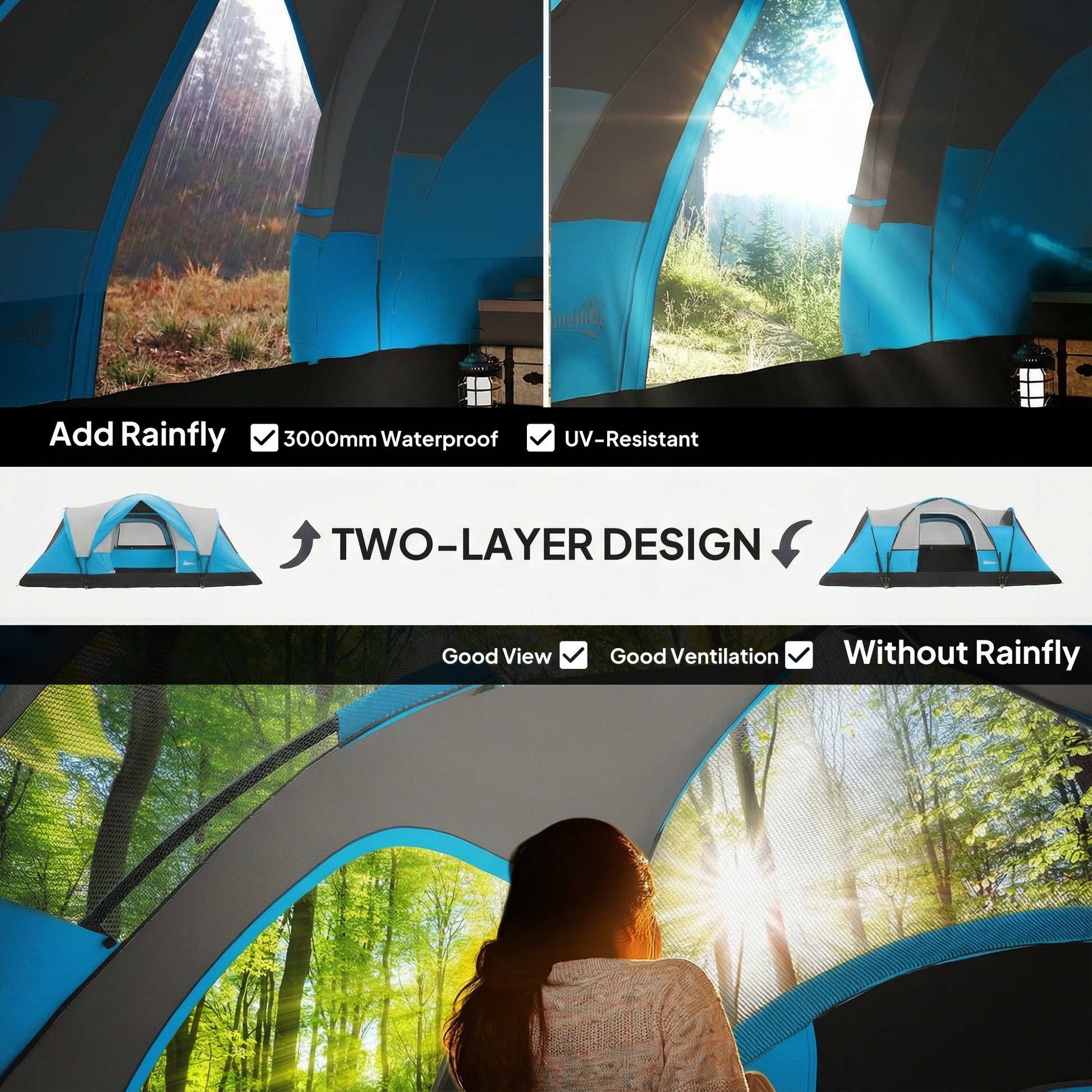 Outsunny 5 Man Camping Tent, Large Tunnel Tent, Water Resistant Hiking Shelter with Groundsheet and Carry Bag, Light Blue