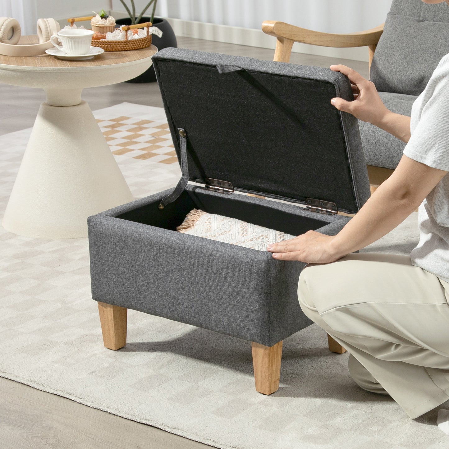 HOMCOM 16L Linen Storage Ottoman Padded Footstool with Rubberwood Legs for Storage Box, Bed End, Shoe Bench, Seating, Charcoal Grey