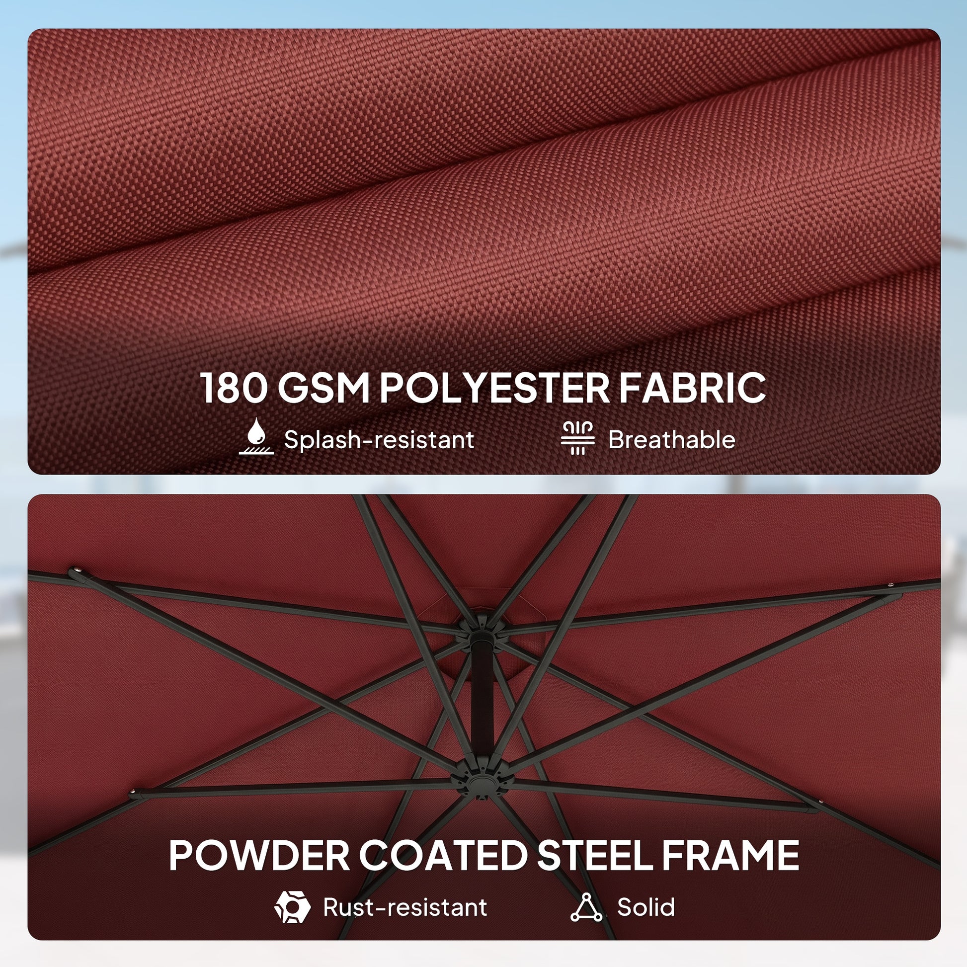 Outsunny 3 m Overhanging Cantilever Parasol, with Cross Base - Wine Red