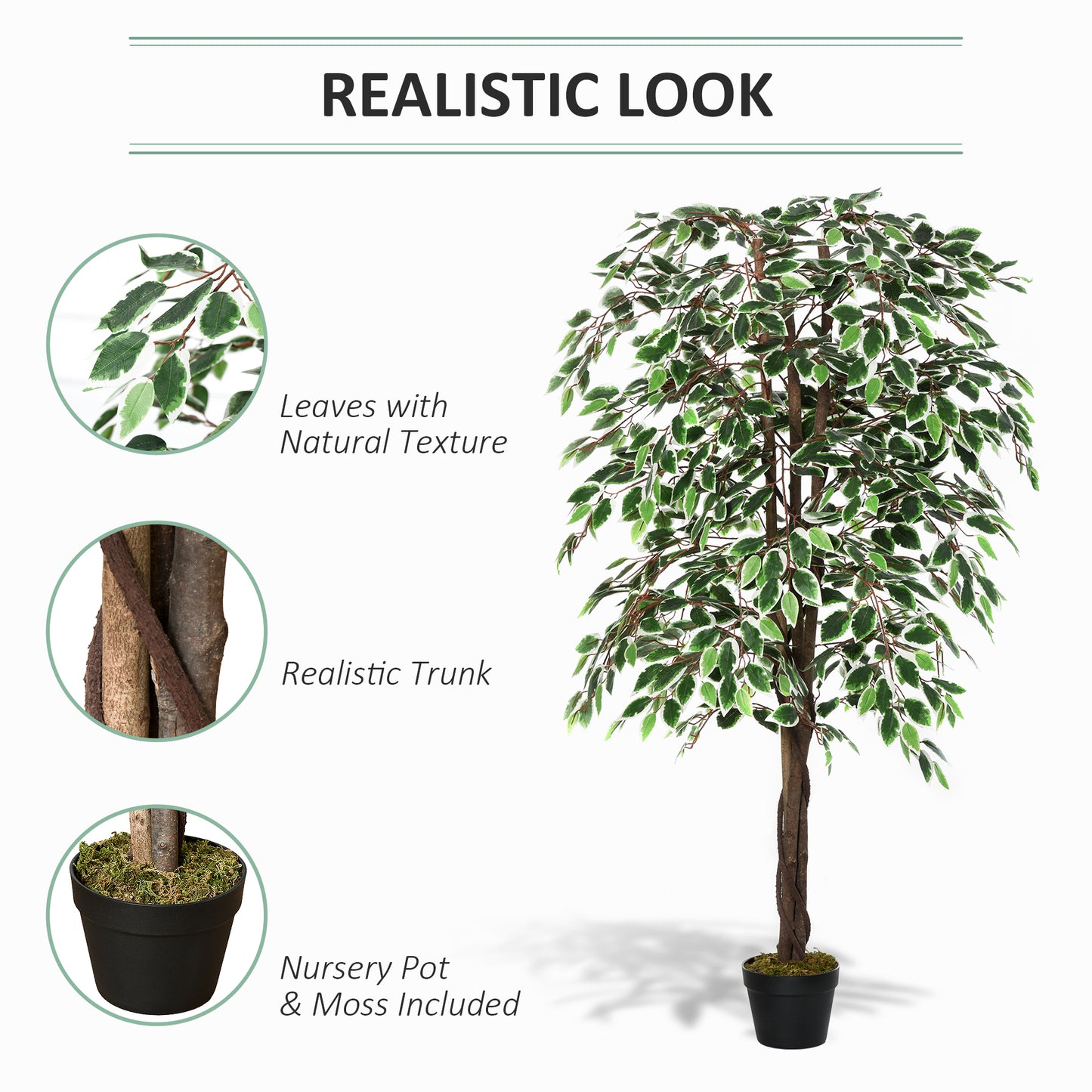 Outsunny 160cm/5.2FT Artificial Ficus Silk Tree with Nursery Pot, Decorative Fake Plant, for Indoor Outdoor DÃ©cor