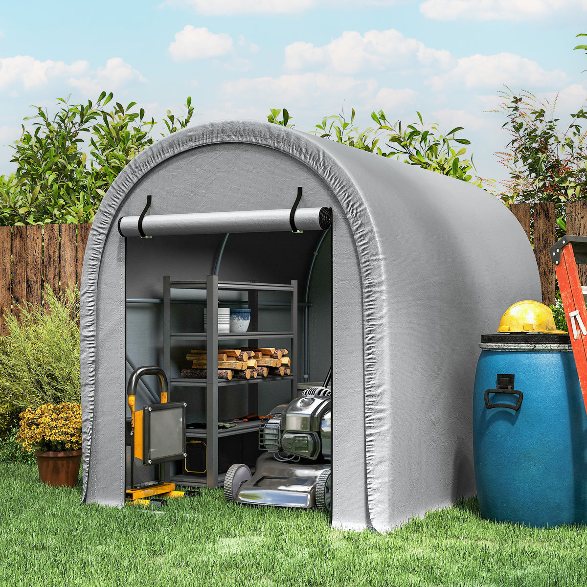 Outsunny 1.6 x 2.4m Garden Storage Shed Tent, Waterproof Bike Shed with Roll-up Zipper Door, Galvanised Metal Frame, Light Grey