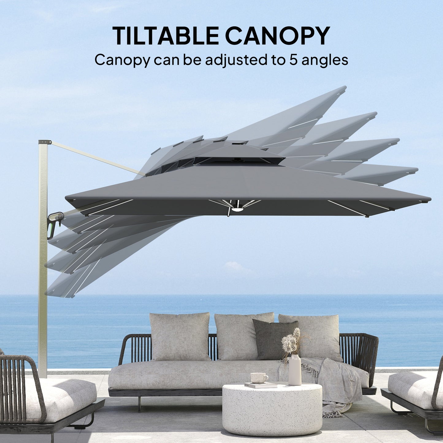 Outsunny 3(m) Garden Cantilever Parasol with Solar LED Lights, Cross Base, 360Â° Rotation, Crank Handle and Tilt, Grey