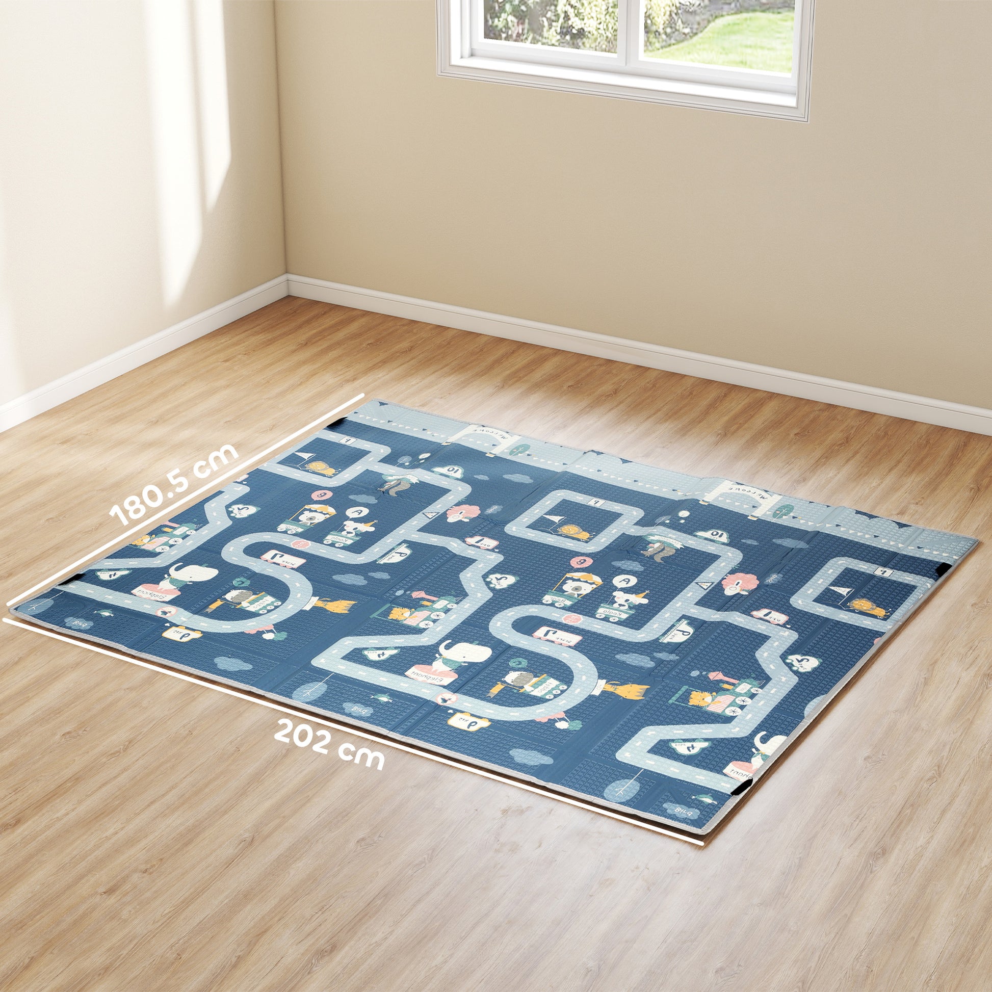  providing a secure area for toddlers to explore and play without wandering off.</li><li>Double-sided playmat: One side offers a lively traffic design