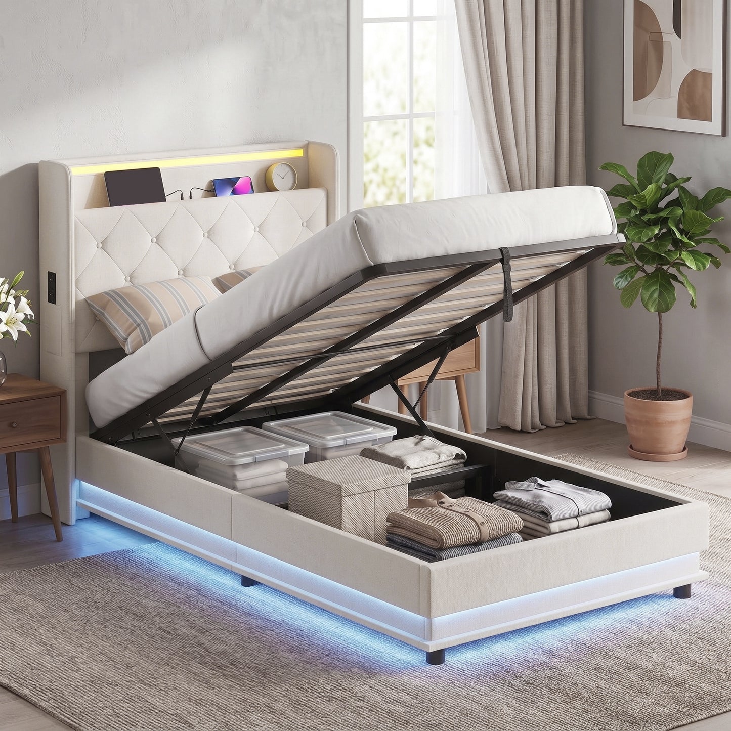 HOMCOM 3ft Single Bed Frame with Headboard, Platform Bed Frame with Hydraulic Storage, LED Lights and Charging Station, White