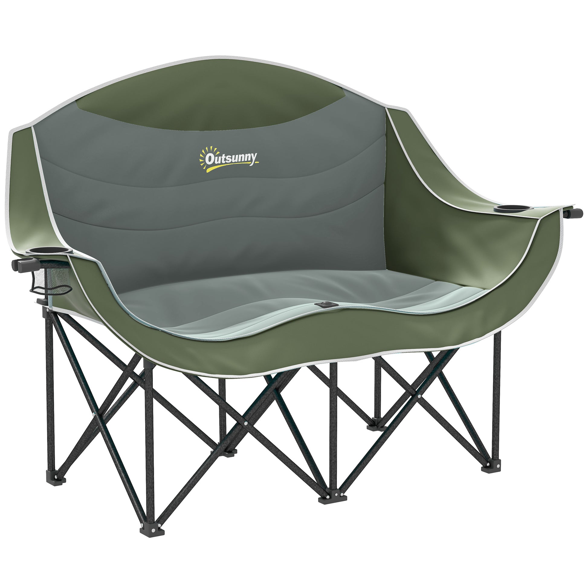 Outsunny Double Camping Chair for Adults with Armrests, Heavy Duty Oversized Padded Folding Chair with Carry Bag, Cup Holders for Outdoor Hiking Picnic Camping Fishing, 250kg Capacity, Green