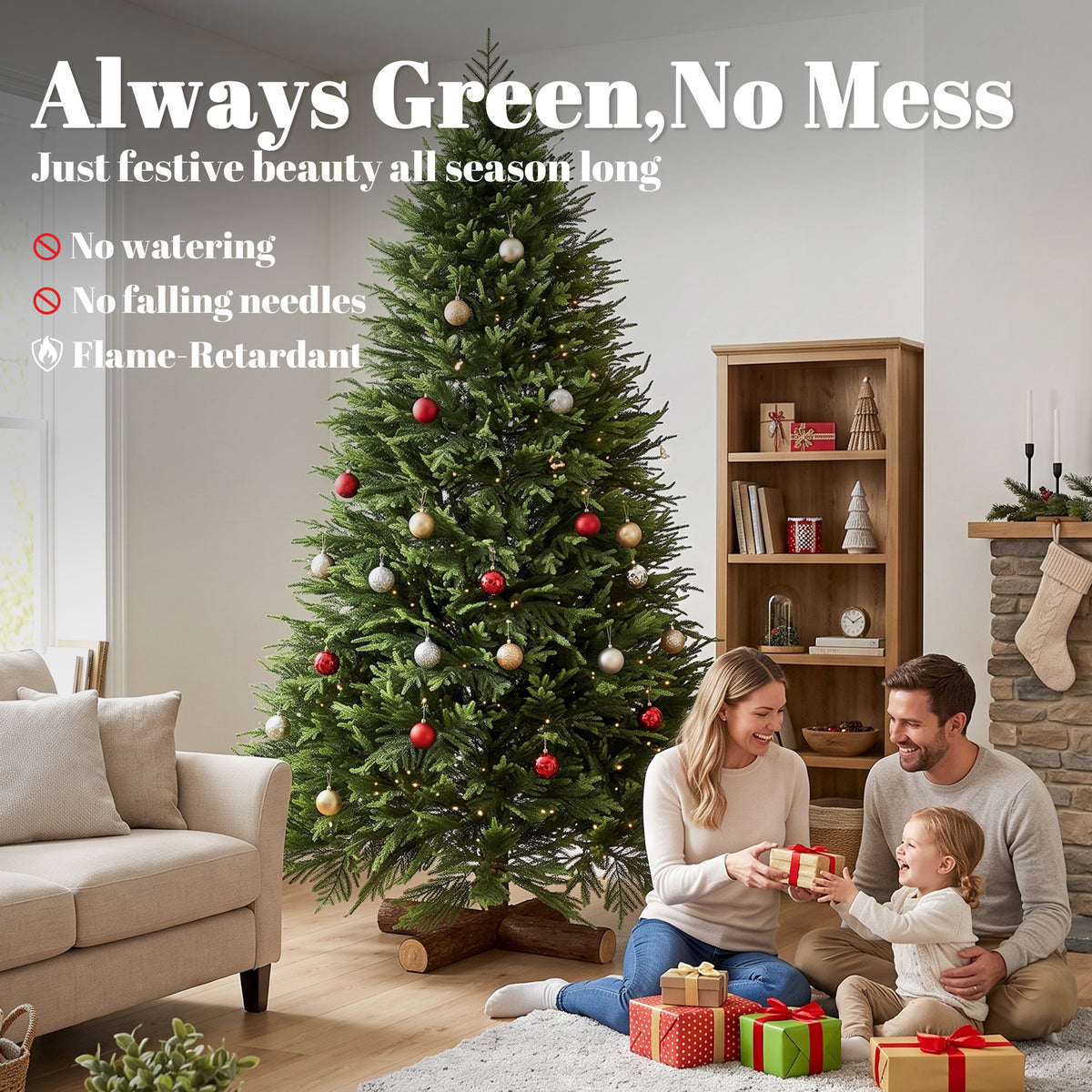 HOMCOM 7ft Artificial Christmas Tree, Hinged Xmas Tree with Realistic 1071 PE & PVC Branch Tips, Fir Wood Base, Green