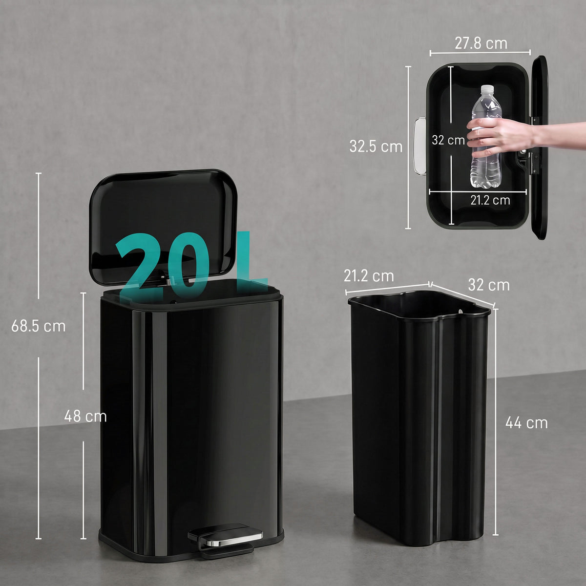HOMCOM 20 L Kitchen Pedal Bin, Metal Rubbish Bin with Removable Inner Bucket, Soft-Close & Stay-Open Lid, High Gloss Black