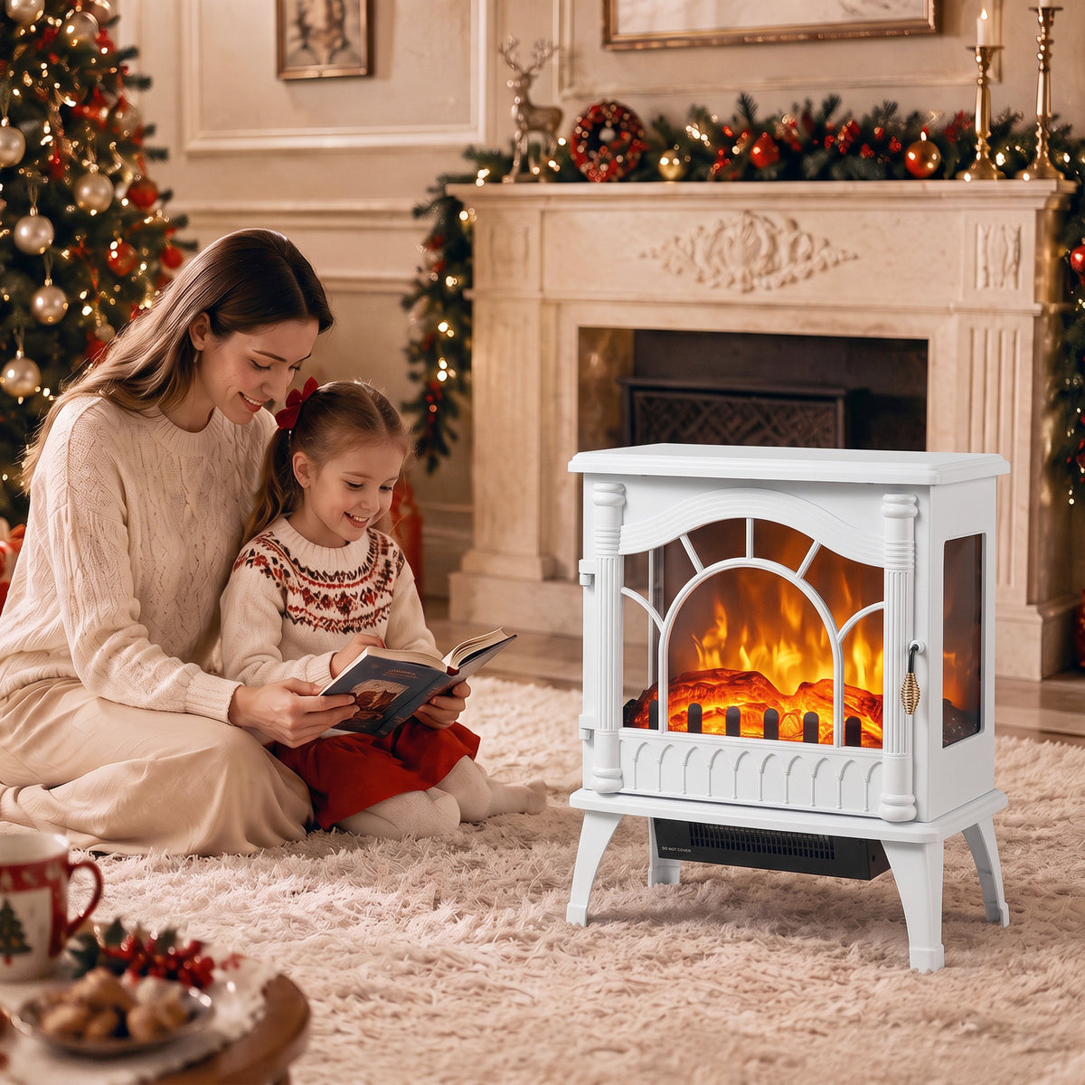 HOMCOM 3-Sided Glass Electric Fire Fan Heater, Electric Fireplace Stove Freestanding Log Burner with Flame Effect, White
